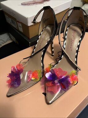 Betsey Johnson Clear Pointed Toe Heels with Neon Floral Embellishments